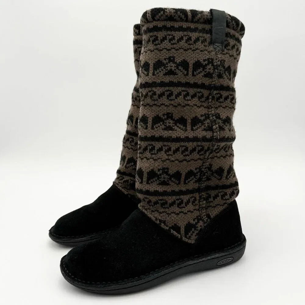 KEEN Auburn Winter Boots Sherpa Inner Suede Upper Tall Brown Midwest Print Women